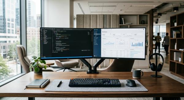 Minimalistyczne i profesjonalne stanowisko pracy programisty z dwoma monitorami w nowoczesnym biurze.